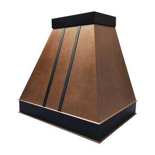 Right angle view: Artisan-crafted vintage copper range hood, designed for high-end kitchen renovations.