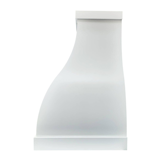 Right side view: white stainless steel range hood embodies minimalist luxury for bright kitchen.