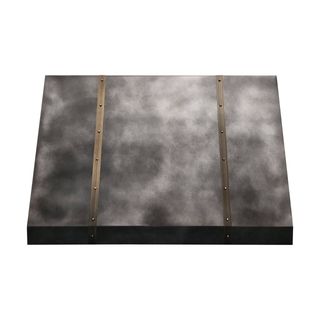 Front view: Non-directional brushed zinc range hood with two vertical brass straps.