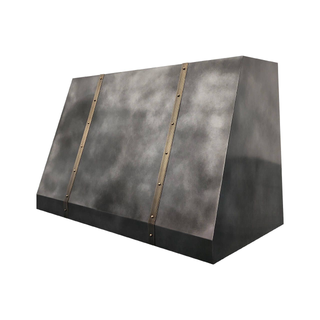 Right angle view: Brushed zinc range hood, showcasing its angular shape and industrial aesthetic.