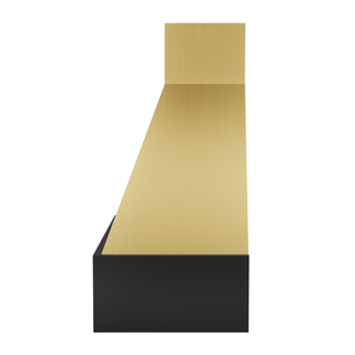 Side view of a brushed brass vent hood: Sloped side profile (tapers top-to-bottom), a black stainless steel apron.