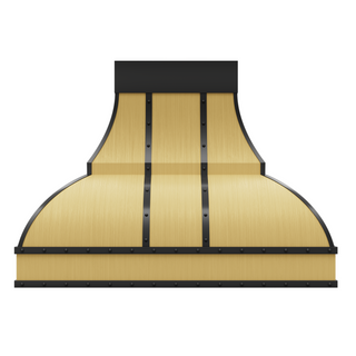 Front view of a brushed brass stove hood: Tapers top-to-bottom with a curved base, paired with brushed stainless steel straps and round rivets.