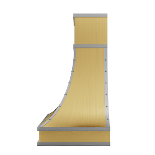 Side view of a brushed brass kitchen hood: Flared side shape, featuring brushed stainless steel straps and round rivets.