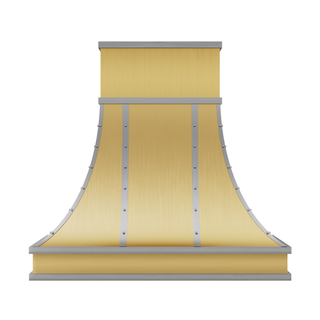 a custom brushed brass range hood with brushed stainless steel straps and round rivets