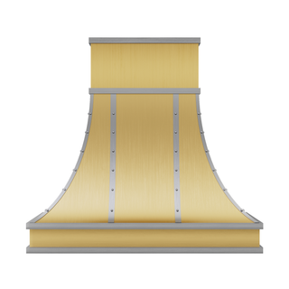 Front view of a brushed brass range hood: Flared (top-narrow, bottom-wide) body with brushed stainless steel straps and round rivets.