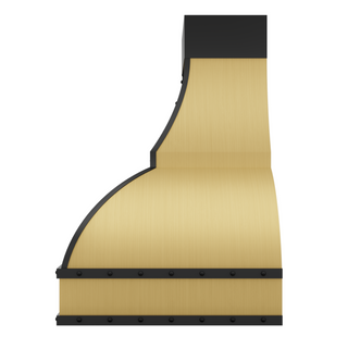 Side view of a brushed brass vent hood: Tapers top-to-bottom with a curved side profile, fitted with brushed stainless steel straps and round rivets.