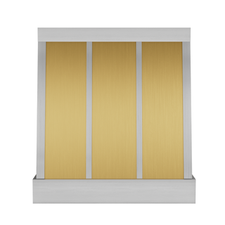 Front view of a brushed brass range hood: Subtle trapezoidal (narrow top, wide bottom) shape with brushed stainless steel straps.