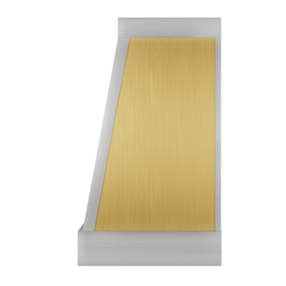 Side view of a brushed brass vent hood: Trapezoidal side profile with brushed stainless steel straps.