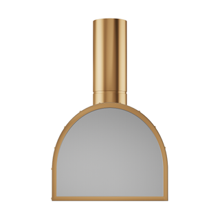 Side view of custom brass and stainless steel range hood with arched design and chimney
