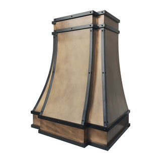 custom aged brass kitchen range hood with oil rubbed bronze straps and rivets