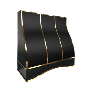 a modern black stainless steel range hood with curved polished brass trim