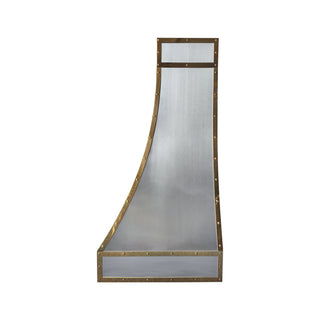 custom brushed stainless steel range hood with polished stainless steel strap and rivet detail