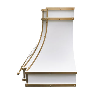 White range hood with gold metal accents on a white background