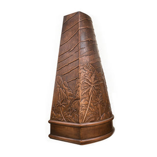 front view of a copper kitchen range hood featuring an all-over palm tree pattern