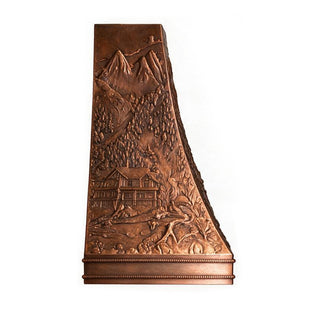 Hand‑hammered wildlife and ranch meadow relief detail on antique solid copper kitchen vent hood