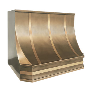 elegant wall mount aged brass kitchen vent hood with bruashed brass straps