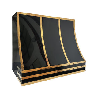 black stainless steel range hood with brass straps 