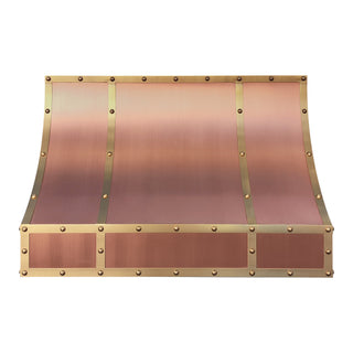 natural opper range hood with brass accents 