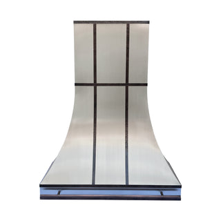  Stainless steel range hood, featuring a  curved design accented with beehive-hammered oil rubbed bronze copper straps，includes a pot rail at its base