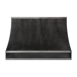 black zinc range hood with brushed stainless steel trim