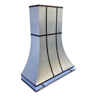 left oblique view: Stainless steel range hood with a practical pot rail extends from its lower edge, merging style and utility.  