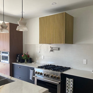 SINDA brass box shape custom range hood installed in modern kitchen