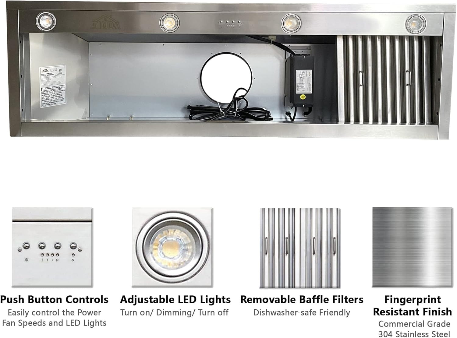 Fan Insert SINDA 60-inch Range Hood Insert with 1260CFM Inline Remote Blower, 4-S