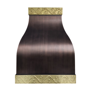 front view of a antique copper custom kitchen hood: gently arched, barrel-shaped silhouette with polished brass straps 