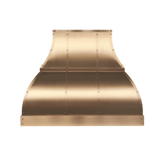 custom brushed brass kitchen vent hood with brass straps and rivets
