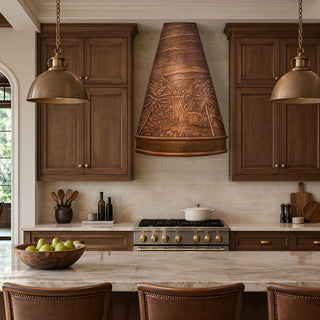 a copper kitchen range hood in a rustic kitchen scene featuring dark brown wood cabinets
