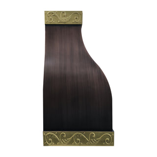 right side view of copper kitchen hood - features a smooth, curved silhouette (wide at the bottom, gently tapering upward with a rounded top edge)