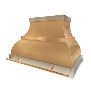 brushed brass kitchen range hood with brass pot rail