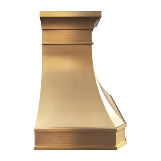 left side view of aged brass range hood featuring curved profile structured edges and polished brass texture