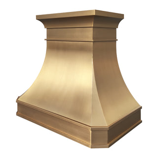 right front side view of a custom brush brass range hood