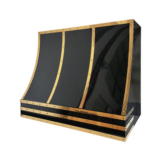 glossy black kitchen stainless steel range hood with brass straps and rivets