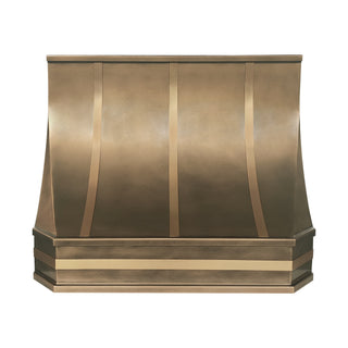 luxury aged brass kitchen range hood with brushed brass straps
