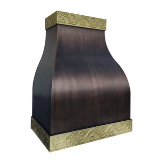 left front view of a custom kitchen anrique copper hood