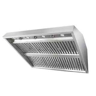 stainless steel range hood with a slotted front grille and integrated light fixtures
