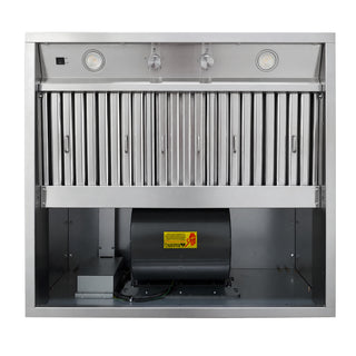 A stainless steel commercial range hood or ventilation unit, three round lights, and an open lower chamber housing a black motor