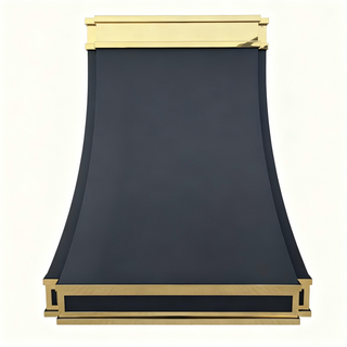 black stainless steel kitchen range hood with gold trim