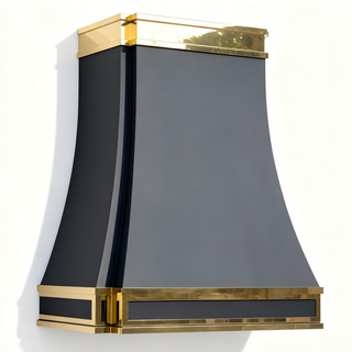 decorative wall-mounted stainless steel hood with gold accents