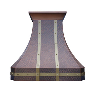 Sinda fully customizable copper kitchen hood with brass straps and rivets