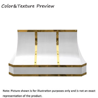 CUSTOM SINDA Stainless Steel Range Hood SRH4-2BTRC For Alan (54"W x 28"D x 27"H) - Sinda CopperRange HoodBrushed Stainless Steel Hood Body with Polished Brass Straps(Round Rivets)
