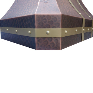 Sinda quiet copper vent hood with brass straps and rivets