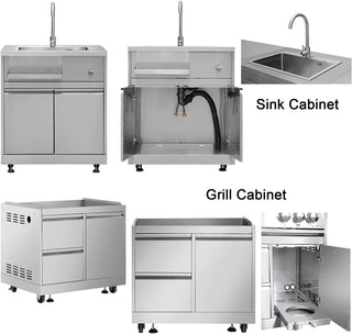 SINDA 6 Piece Modular Outdoor Kitchen Suit in Stainless Steel, w/ Pizza Oven, 4 Burner Natural Gas Grill, BBQ Grill Cabinet, 24" Undercounter Refrigerator, Fridge Cabinet, Sink Cabinet (Total Width :127-1/8") - Sinda Copperoutdoor oven6 Piece Modular Outdoor Kitchen Suit in Stainless Steel