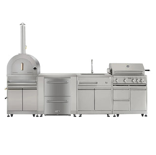 SINDA 6 Piece Modular Outdoor Kitchen Suit in Stainless Steel, w/ Pizza Oven, 4 Burner Natural Gas Grill, BBQ Grill Cabinet, 24" Undercounter Refrigerator, Fridge Cabinet, Sink Cabinet (Total Width :127-1/8") - Sinda Copperoutdoor oven6 Piece Modular Outdoor Kitchen Suit in Stainless Steel