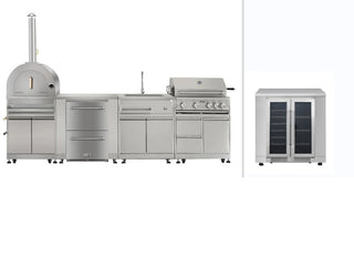 SINDA 6 Piece Modular Outdoor Kitchen Suit in Stainless Steel, w/ Pizza Oven, 4 Burner Natural Gas Grill, BBQ Grill Cabinet, 24" Undercounter Refrigerator, Fridge Cabinet, Sink Cabinet (Total Width :127-1/8") - Sinda Copperoutdoor oven8 Piece Modular Outdoor Kitchen Suit plus refrigerator cabinet with wine and beverage cooler