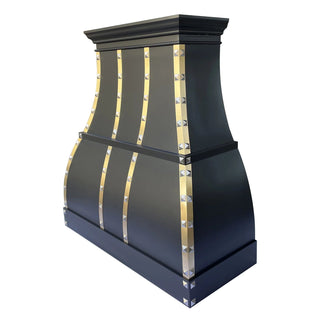 Custom Black Stainless Steel Kitchen Hood with Brass Straps and Square Rivets - SINDA
