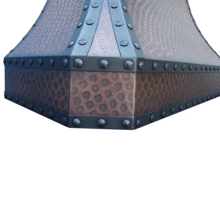 SINDA custom hammered range hood with straps and rivets details