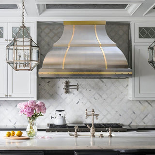 SINDA CUSTOM Stainless Steel Vent Hood SRH1-2-2TR For Eleni - Sinda CopperBrushed Stainless Steel Hood Body with Brushed Brass Straps &Rivets